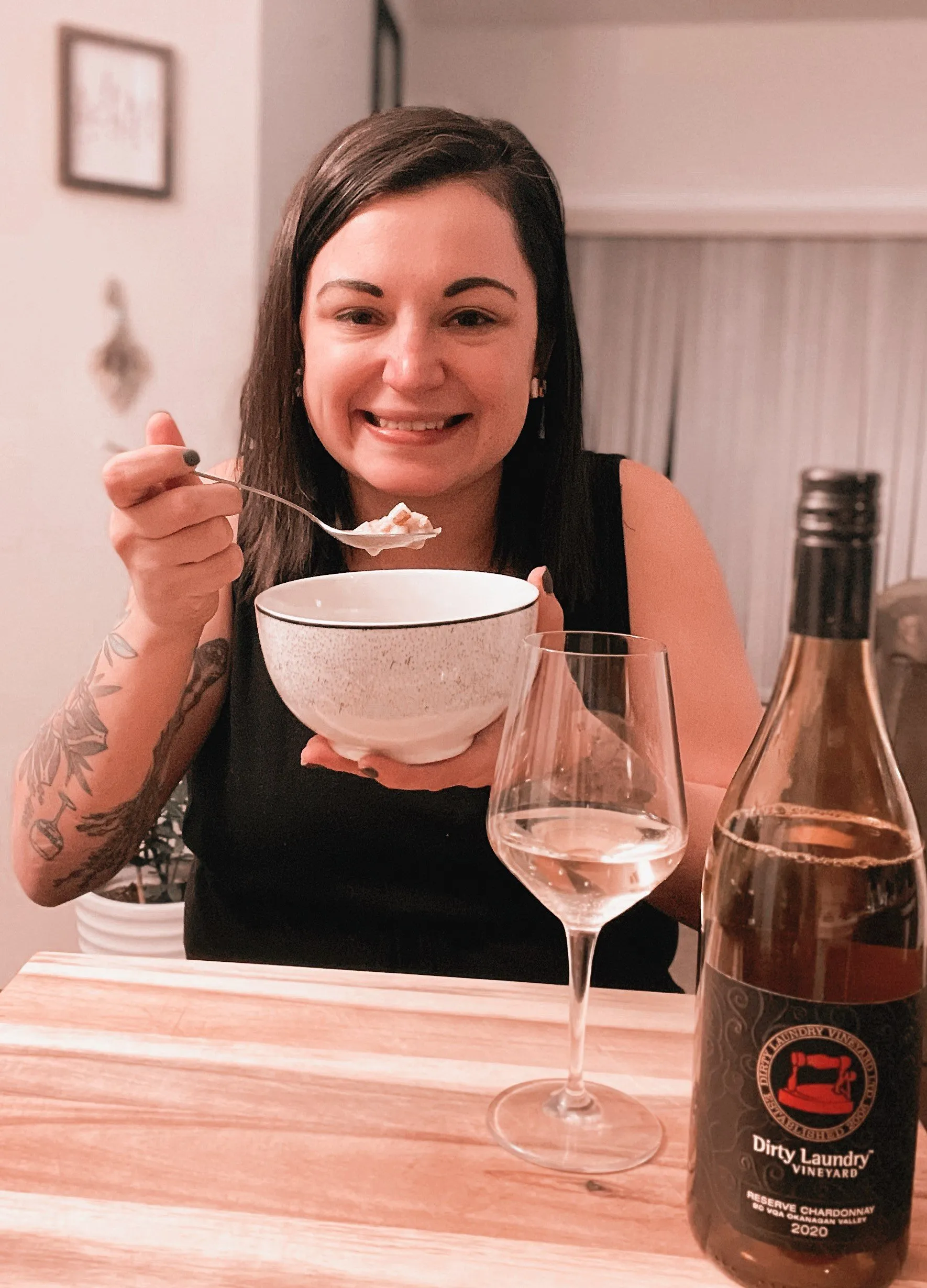Lisa Marie with soup and wine