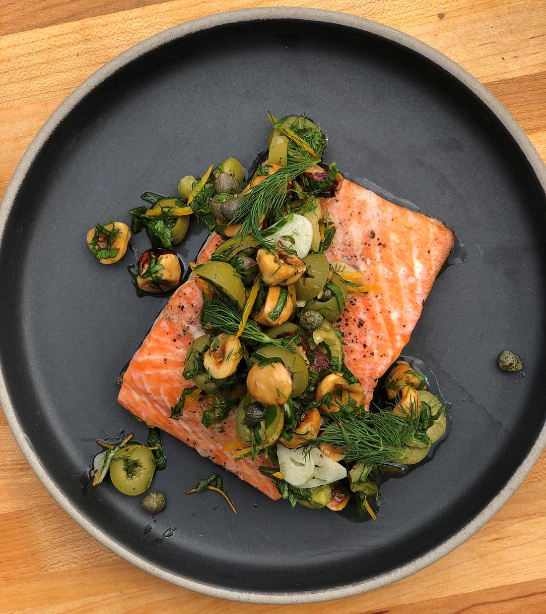 Pan-seared Steelhead Trout with Cerignola Green Olive, Orange and Hazelnut